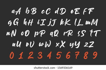 Calligraphy Hand Written Typeface. Brush Alphabet. Calligraphic Font And Numbers