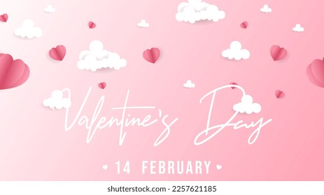 Valentine’s Day’s calligraphy handwriting with heart and cloud on pink background ,for February 14, Vector illustration EPS 10