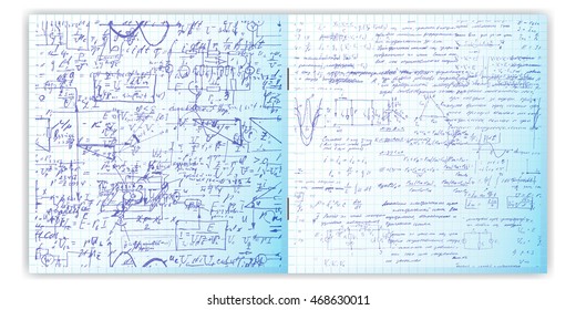 Calligraphy handwriting text pattern. Text on a grid copybook paper. Open exercise book. Archives, science, geometry, math, physics, electronic engineering subjects. Natural writing style.