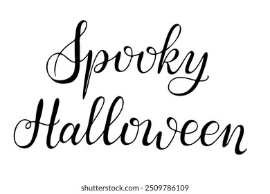 Texto de caligrafia Spooky Halloween. Modelo de cartão comemorativo para banner de feriado americano, cartão postal, cartão comemorativo. Letras vetoriais pretas isoladas sobre fundo branco