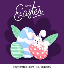 Calligraphy of Happy Easter Text with Painted Eggs and Cartoon Bunny on Purple Background.