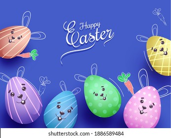 Calligraphy of Happy Easter Text with Top View of Colorful Cartoon Smiley Eggs and Carrot Decorated on Blue Background.
