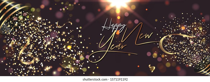 Calligraphy Happy New Year text and party popper falling glitter confetti on lighting effect background. Header or banner design.