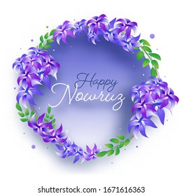 Calligraphy of Happy Nowruz Text Decorated with Glossy Hyacinth Flowers and Green Leaves on White Background.