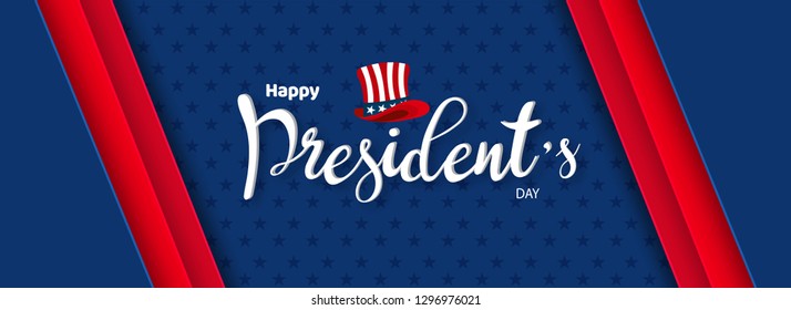 Calligraphy of Happy President's Day with uncle sam hat illustration on blue background. Header or banner design.