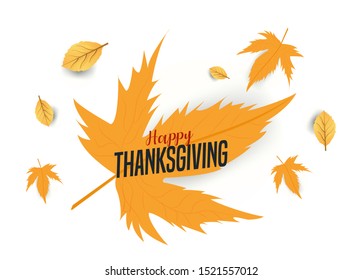 Calligraphy of happy Thanksgiving on maple leaves background can be used as greeting card design.