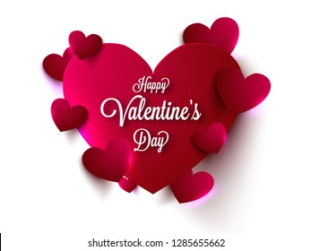 Calligraphy of happy valentine's day on heart, decorated with red heart shapes for poster or greeting card design.