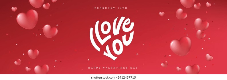 Caligrafía en forma de corazón "Te amo", tarjeta de saludo de San Valentín, Día de la Madre o Día de la Mujer, cartel o plantilla de afiches. Fondo rojo de vacaciones con decoración festiva en forma de corazón rojo. 