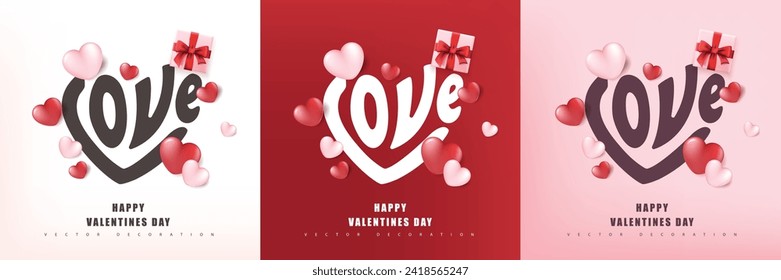 Calligraphy in heart shape love and festive heart shaped decorations Elements for valentine day festival design Valentine's day concept