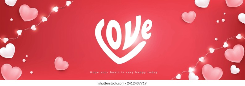 Calligraphy in heart shape "love" ,Valentine's day, Mother's or Women's Day greeting card, banner or poster template. Holidays red background with festive red heart shaped decorations. 