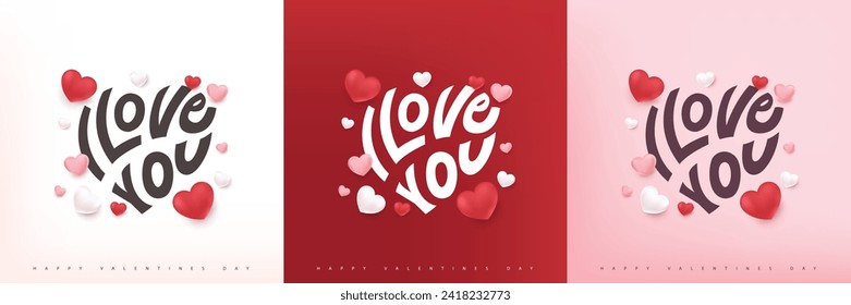 Caligrafía en forma de corazón te amo, tarjeta de saludo del día de San Valentín, plantilla de banner. Fondo de vacaciones con decoración festiva en forma de corazón Elementos para el día de San Valentín 