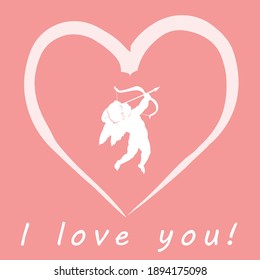 Calligraphy heart for Valentine Day. Cupid with a bow and arrow in his heart. Vector image on a crimson background.