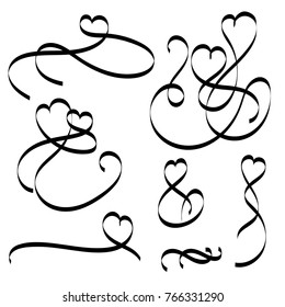 Calligraphy hearts. Set beautifully stranded hearts of tape with a florid ornament. Vector illustration. Book and card Calligraphy