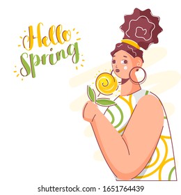 Calligraphy Hell Spring Text with Young Girl holding Flower on White Background.
