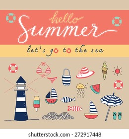 calligraphy Hello summer, Lets go the the sea and beach hand drawn doodle illustration objects collection vector with elements on sand brown background