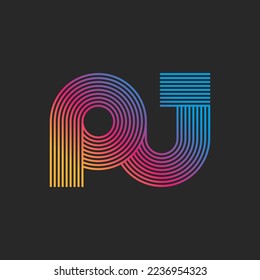 Calligraphy initials letter PJ or JP monogram logo bright gradient parallel thin lines in the minimal style, rounded shapes two letters P and J together, creative emblem for business or wedding card.