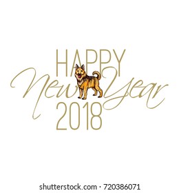 Calligraphy inscription Happy new year 2018 with hand drawn Dog, isolated on white. Celebrate card vector design