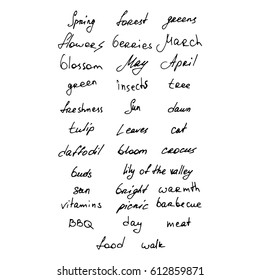 Calligraphy, inscriptions, text written in ink for spring, freshness. Set of spring words. Hello spring and Spring time handwritten calligraphy lettering set isolated.