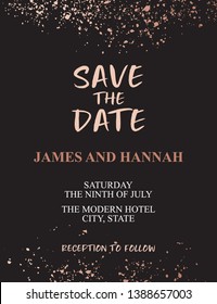 Calligraphy invitation with gold splashes on black background. Trendy luxury decoration, design template