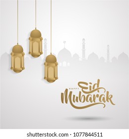 calligraphy of islamic event with beautiful lantern. Eid Mubarak concept.