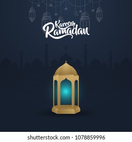 calligraphy of islamic event with beautiful lantern and mosque. Eid mubarak calligraphy with paper art style. Mosque, lantern and lettering combination.