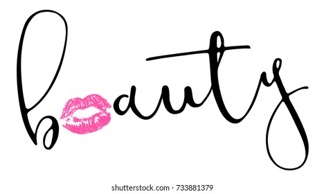 Calligraphy lettering Beauty with pink trace kiss lips. Handwritten, font, kiss, valentine, vector, day, love poster, card