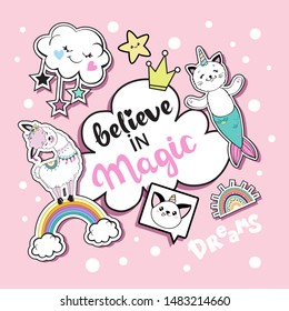 Calligraphy lettering  Believe in magic, cat unicorn and llama on a pink background