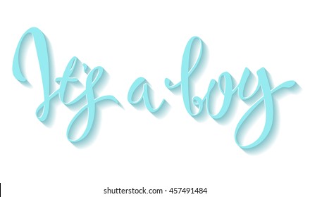 Calligraphy lettering It's a boy. Vector hand drawn invitation to the baby shower for a boy with  blue glittering confetti