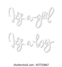 Calligraphy lettering It's a boy. Vector hand drawn invitation to the baby shower for a boy with  blue glittering confetti