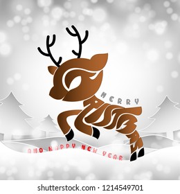 Calligraphy lettering christmas is reindeer and happy new year. It's jumping very happy in the falling snow. Vector illustration.
