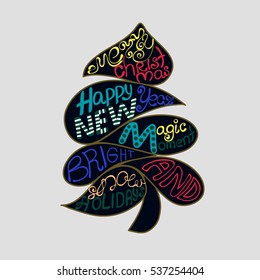 Calligraphy lettering Christmas tree. Xmas and New Year background for card, postcard, invitation, poster. Hand drawn text. Decor elements. Creative artistic design. Vector illustration, eps10