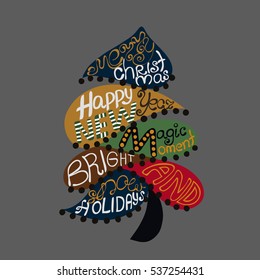 Calligraphy lettering Christmas tree. Xmas and New Year background for card, postcard, invitation, poster. Hand drawn text. Decor elements. Creative artistic design. Vector illustration, eps10