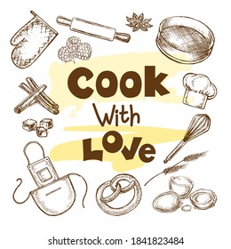 Calligraphy lettering cook with love and vector sketch illustration kitchen items isolated on white background