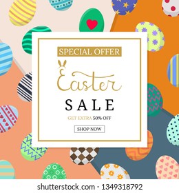 Calligraphy Lettering Easter Sale Inscription. Easter Discount with Colorful Eggs on Overlap Background. Discount, Flyer, Brochure. Vector illustration for Your Design, Web, Print.