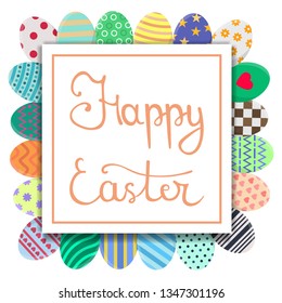 Calligraphy Lettering Happy Easter Inscription. Easter Card with Colorful Eggs in Wreath Form. For Greeting or Invitation Postcard. Vector illustration for Your Design, Web, Print.