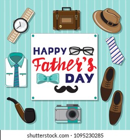 calligraphy lettering happy father`s day card with Men's Accessories on a blue background