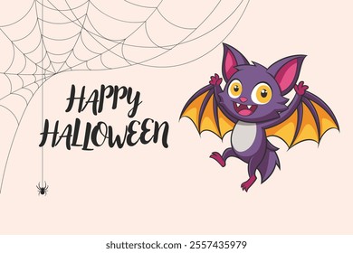 Calligraphy lettering Happy Halloween with cute bat character and spider web. Retro illustration, postcard