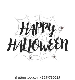 Calligraphy lettering Happy Halloween. Decorative inscription with spider web. Banner Happy Halloween. Illustration