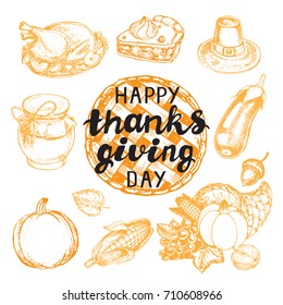 calligraphy lettering Happy Thanks giving Day with hand drawn thanksgiving food