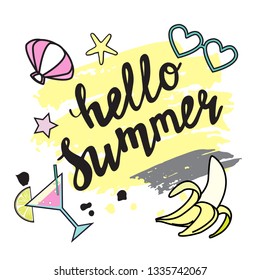 Calligraphy lettering hello summer with summer badges