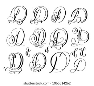 calligraphy lettering script font D set, hand written signature letter design, vector illustration