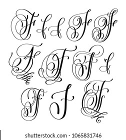 calligraphy lettering script font F set, hand written signature letter design, vector illustration