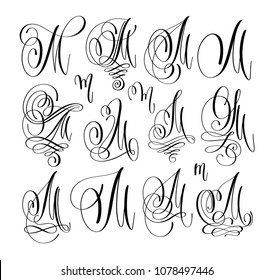 calligraphy lettering script font M set, hand written