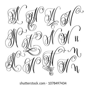 calligraphy lettering script font N set, hand written
