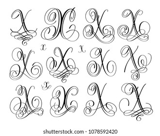 calligraphy lettering script font x set, hand written signature letter design, vector illustration