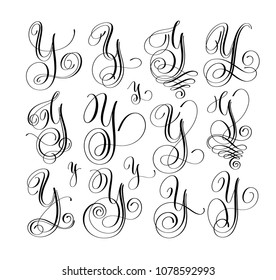 calligraphy lettering script font y set, hand written signature letter design, vector illustration