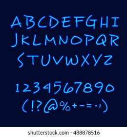 Calligraphy and lettering style example blackboard poster with neon hand drawn alphabet digits and symbols vector illustration 