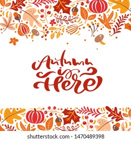 Calligraphy lettering text Autumn is here. Background frame wreath with yellow leaves, pumpkin, mushrooms and autumn symbols