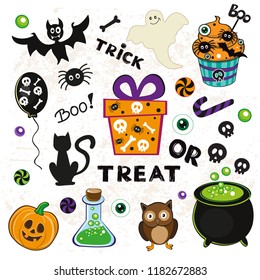 calligraphy lettering trick or treat with Halloween stickers on a white background