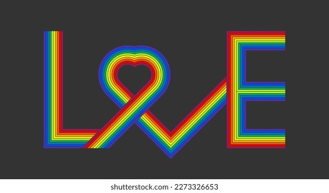Calligraphy lettering of the word love in the shape of a heart. Geometric stripes, rainbow lines, gray background. Texture element design for banner, card, poster, backdrop, wall. Vector illustration.